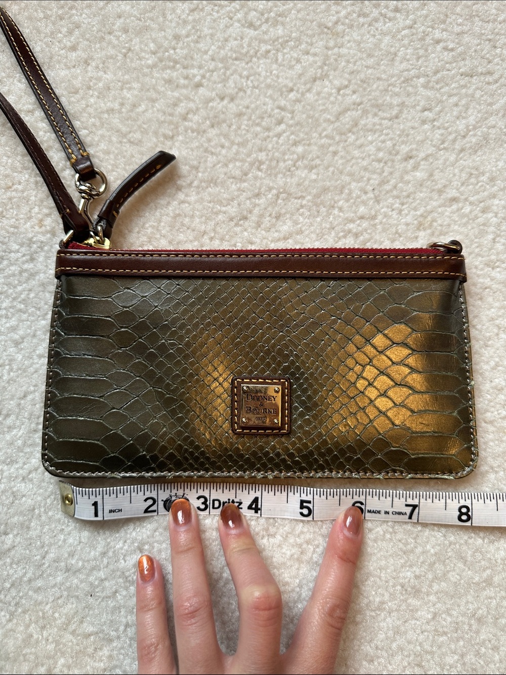 Dooney & Bourke Metallic Olive Snake-Embossed Wristlet with Burgundy Trim - Picture 7 of 7